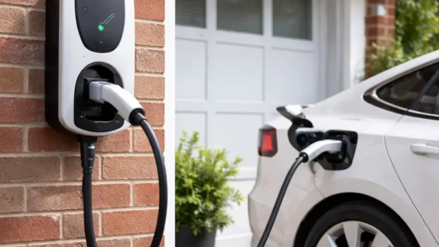 Wall-mounted electric vehicle charger installed at a UK home
