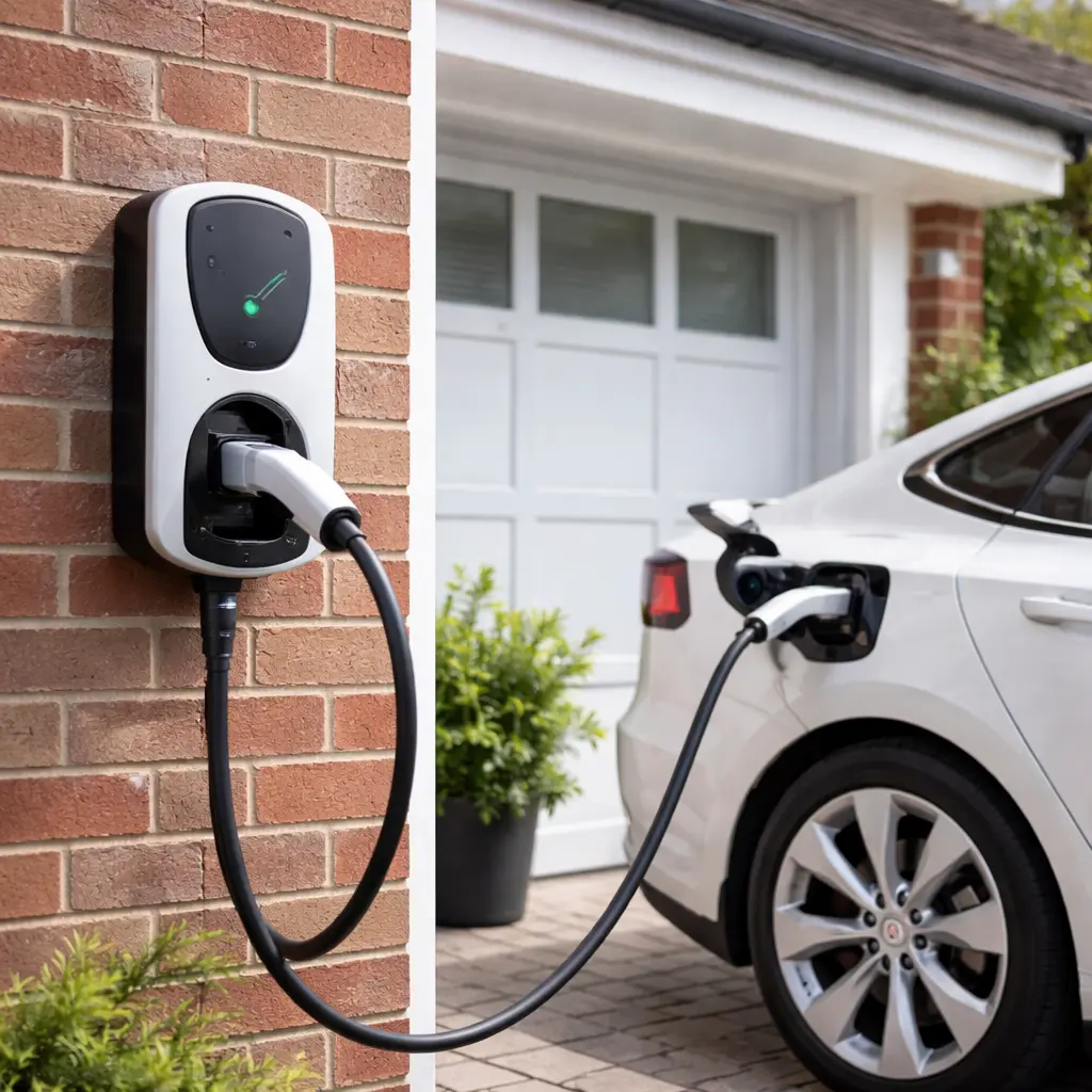 Wall-mounted electric vehicle charger installed at a UK home