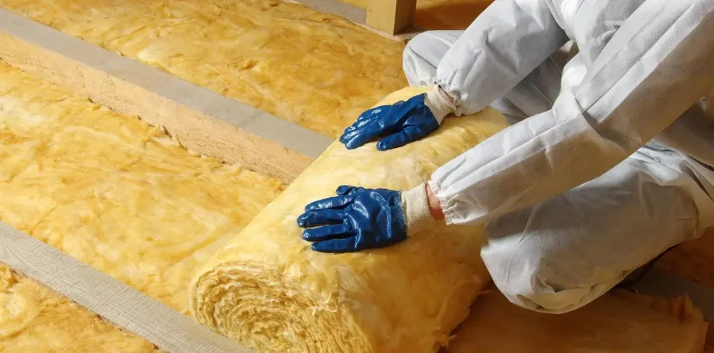 Installer fitting loft insulation rolls in a Manchester home